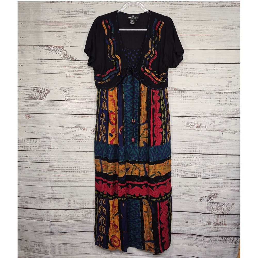 Vintage Carole Little Maxi Dress 6 Black Mixed Print Polka Dot Tie Front 90s